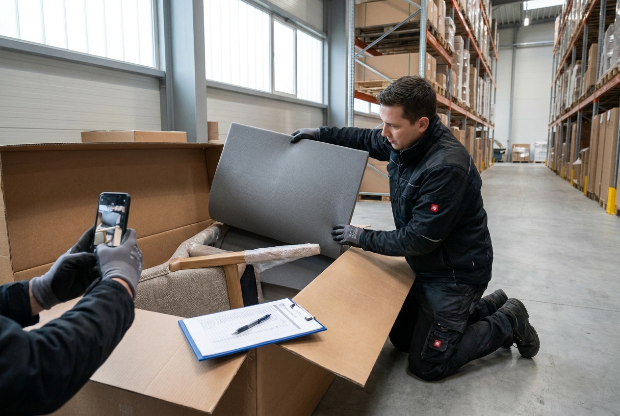 Warehouse worker inspecting and documenting an incoming furniture shipment at CAVNYX Tempe