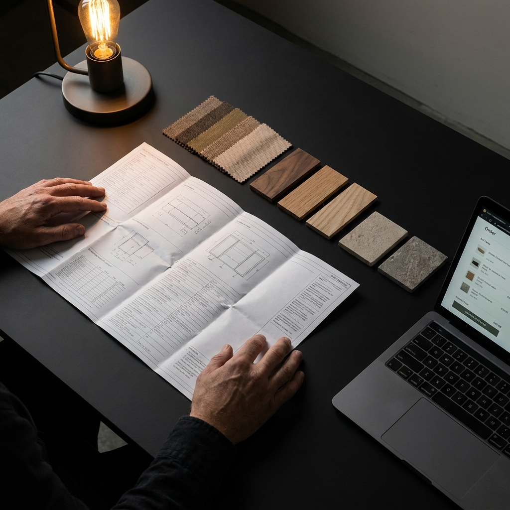 Trade procurement in progress — material samples and supplier order sheet on a desk at CAVNYX