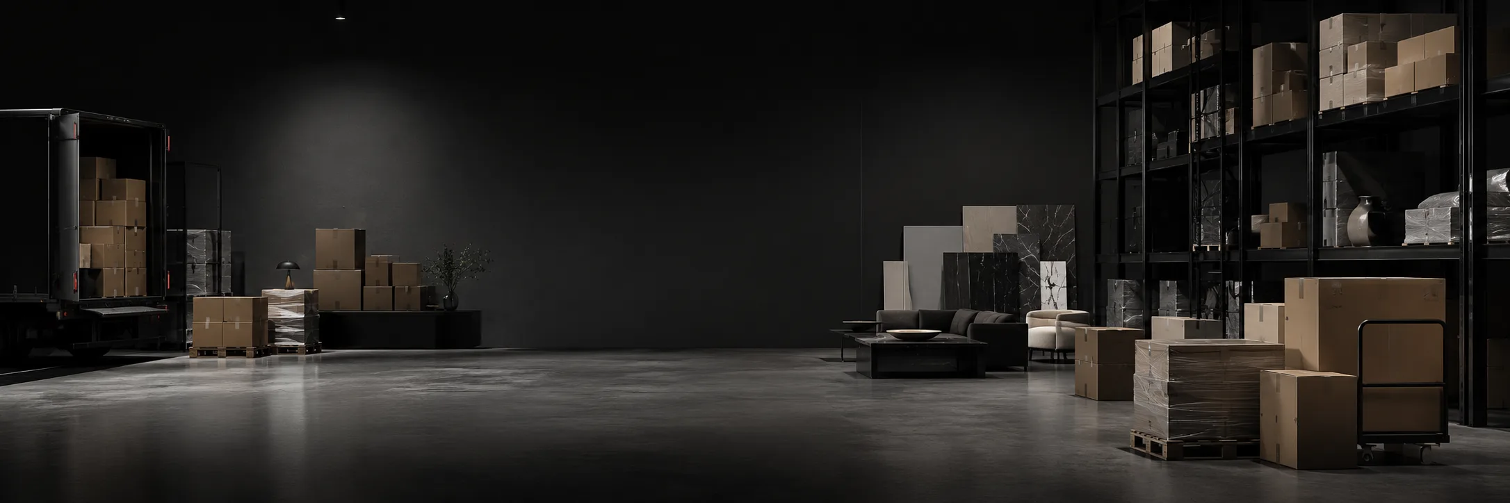 CAVNYX warehouse floor with pallets, cartons and design materials staged for a project