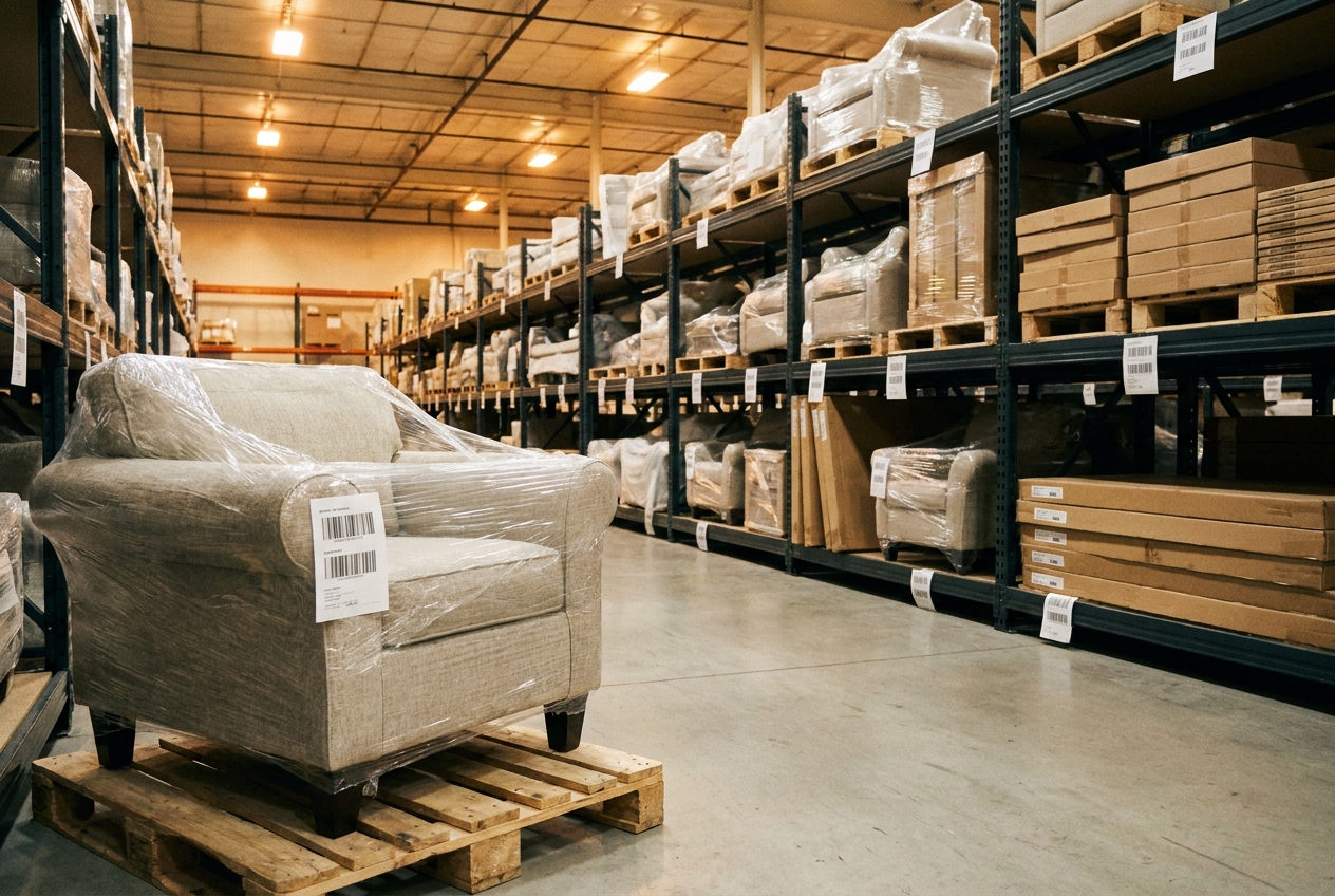 Organized furniture warehousing with labeled project inventory on shelving at CAVNYX